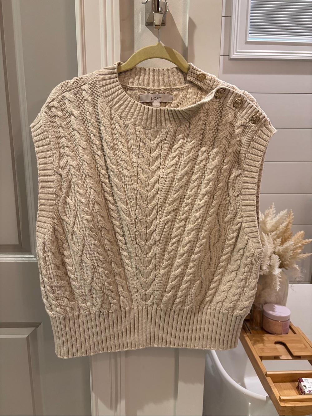 LOFT Cream Cable Knit Sleeveless Sweater Vest with Shoulder Buttons